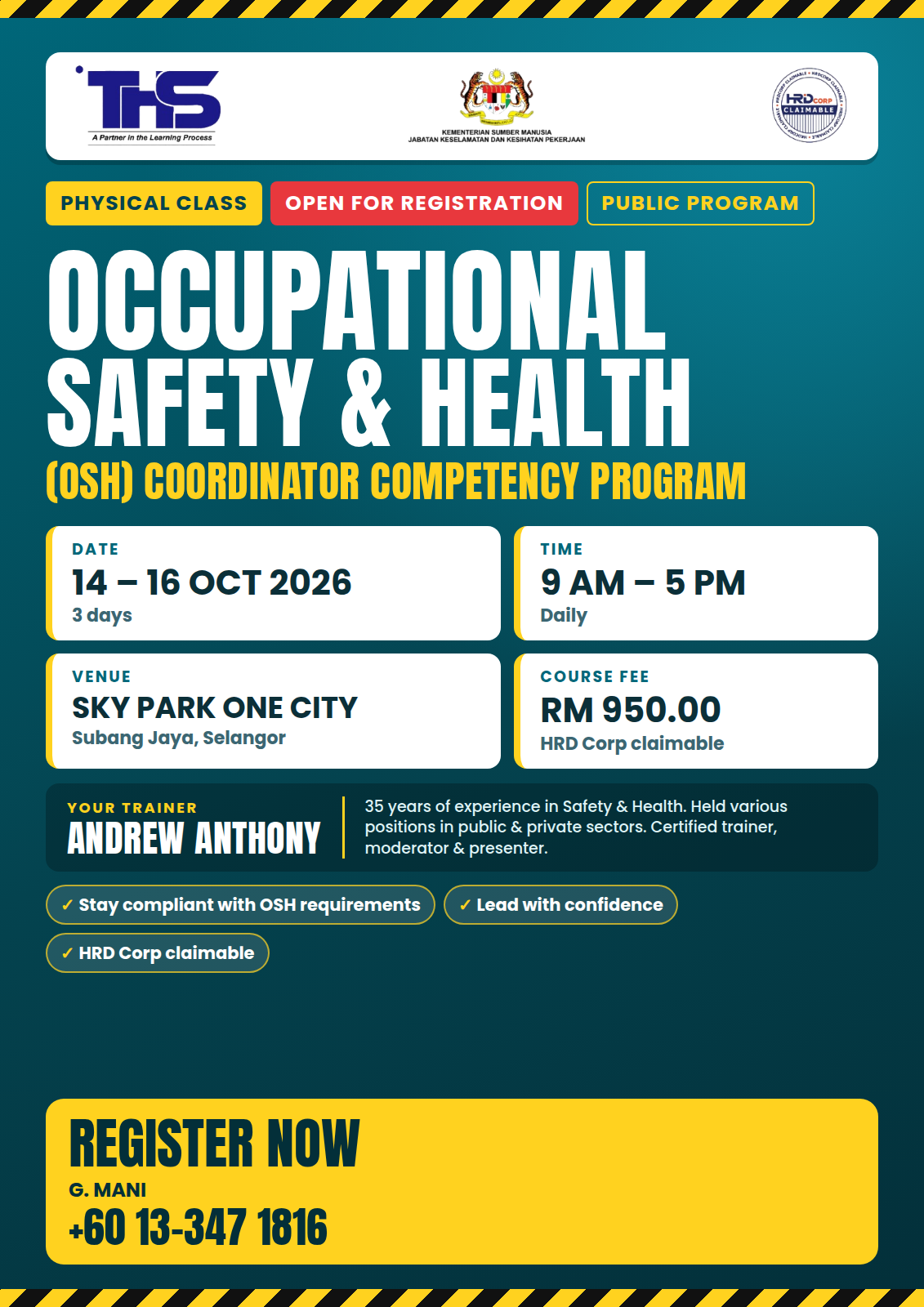 OSH Coordinator Competency Program poster - 14-16 October 2026 (3 Days), Sky Park One City, Subang Jaya